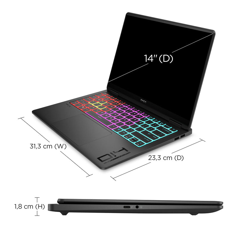 OMEN Transcend Laptop 14-fb0097nr 14", Windows 11 Home,  Intel® Core™ Ultra 9, 32GB RAM, 2TB SSD, NVIDIA® GeForce RTX™ 4070, 3K, Shadow black